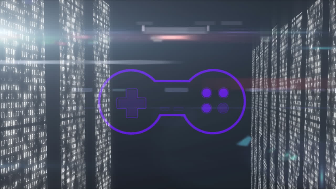 Animation of light trails and gamepad icon over moving columns on black background