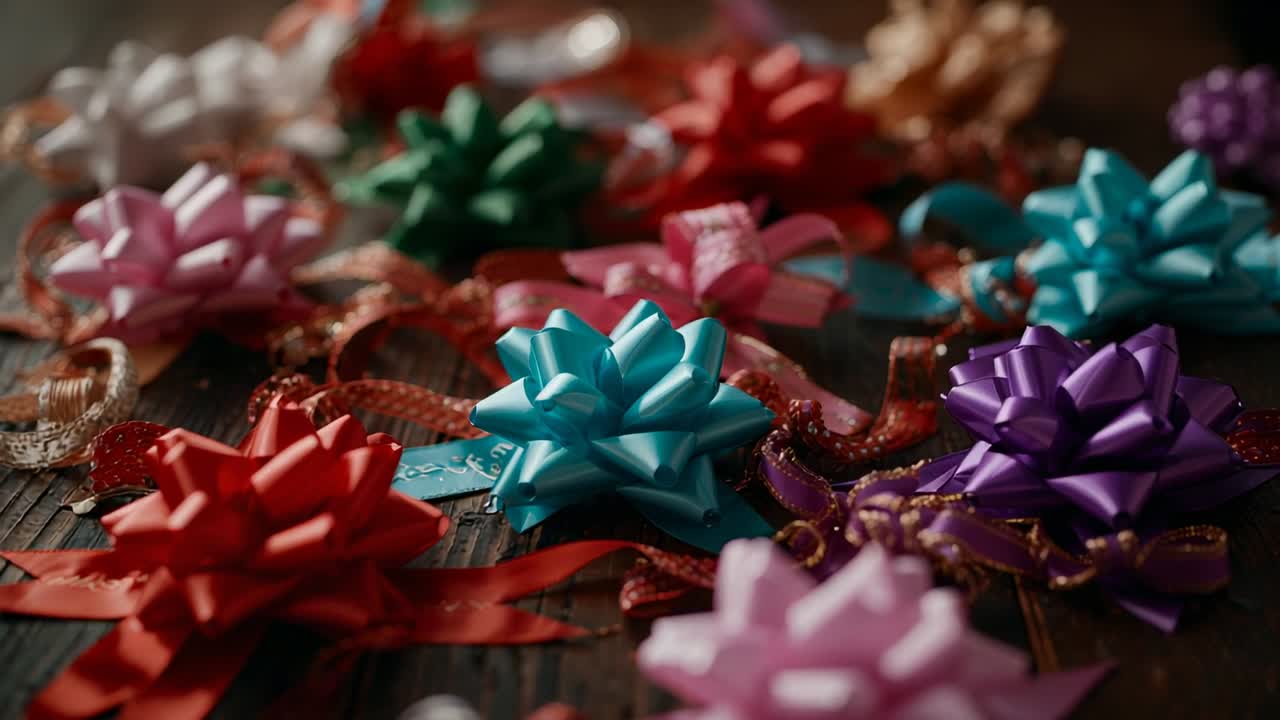 Starting camera lens focusing and panning across gift bows at craft desk, showcasing textures
