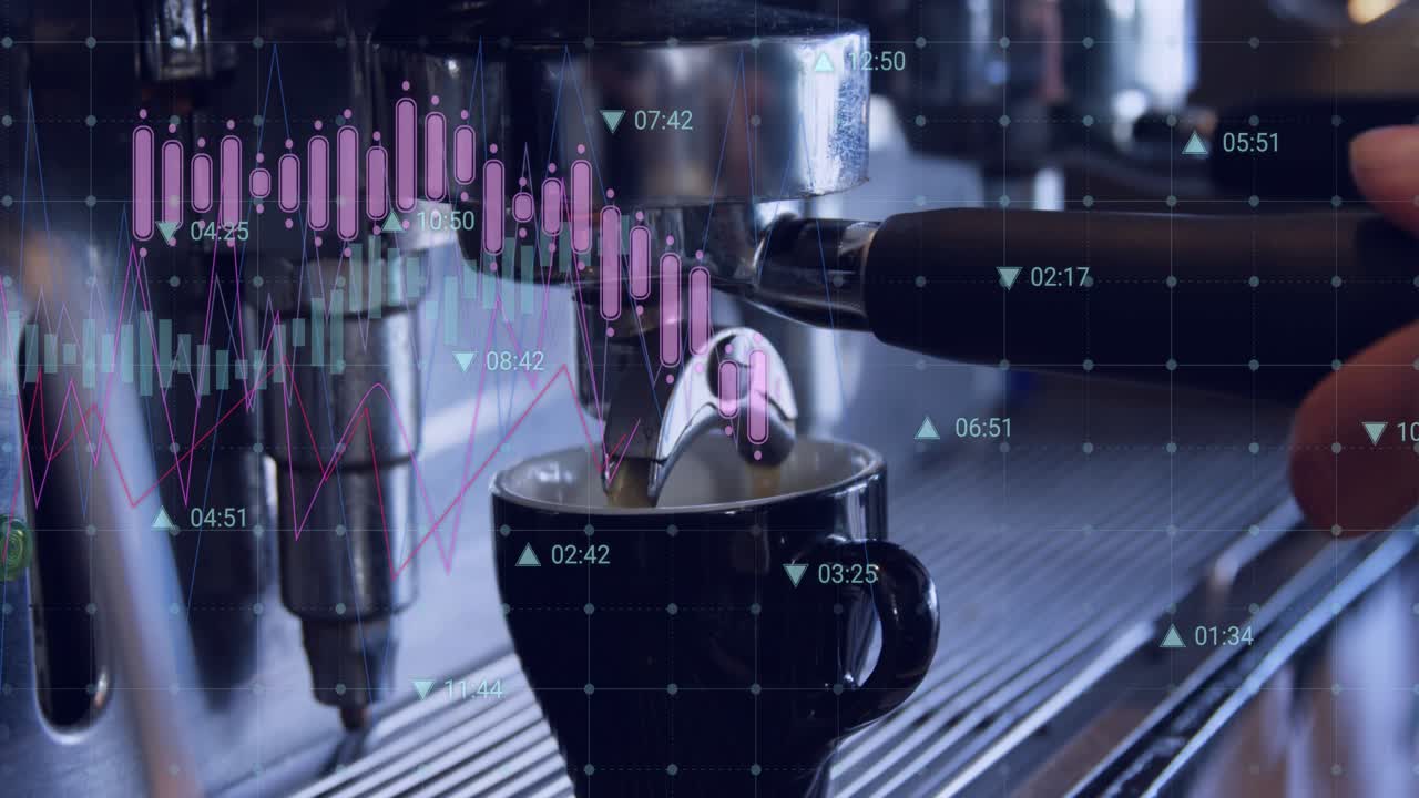 Barista engaging lever extracting espresso while overlaying financial charts for data visualization