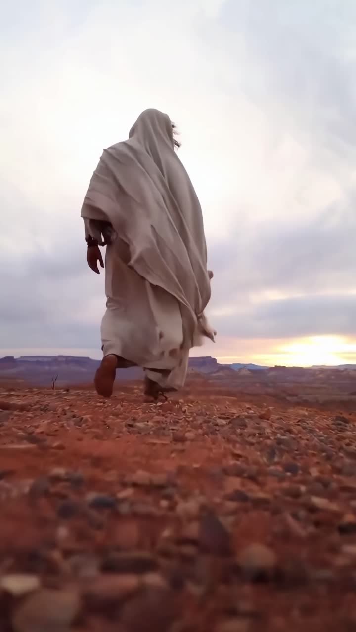 Ripresa video drammatica dal basso di una figura incappucciata che cammina su un terreno roccioso al tramonto.
