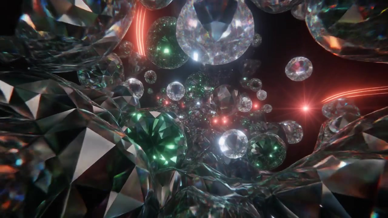 Abstracte animatie van zwevende diamanten en edelstenen in een donkere ruimte.