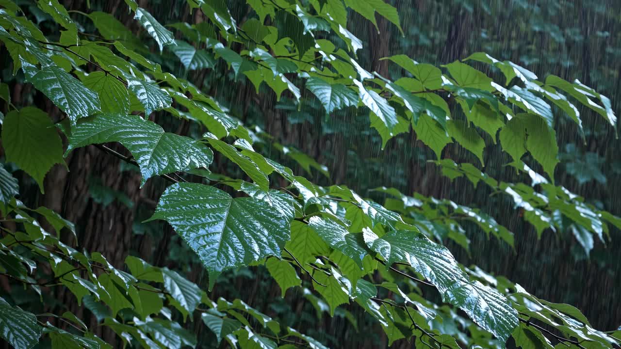 Close-up video of lush green leaves in the rain, captured from a side angle, showcasing the serene