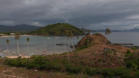 Aerial-tilting-shot-showing-palm-trees-on-Nacpan-Beach,-El-Nido,-Palawan,-Philippines