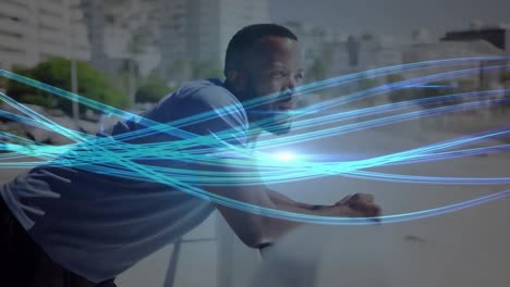 animación de líneas azules sobre el hombre al aire libre
