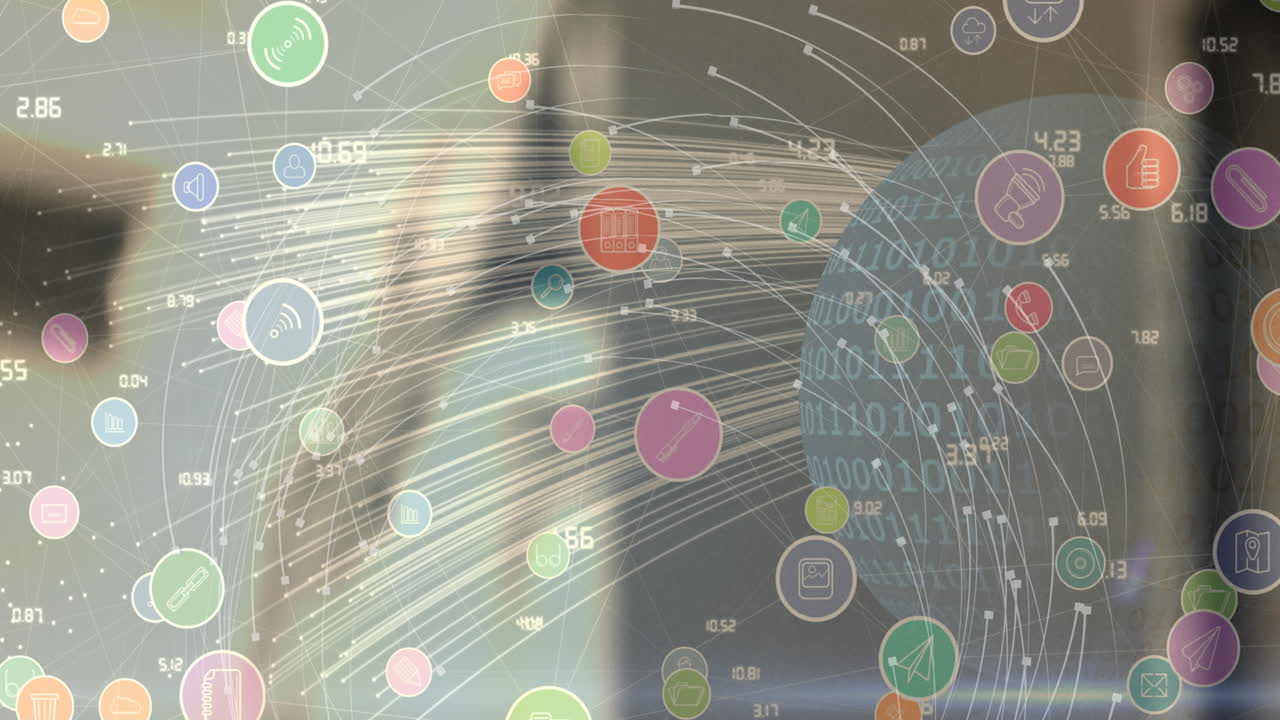 흐릿한 배경 위에 디지털 아이콘이 있는 지구의 애니메이션