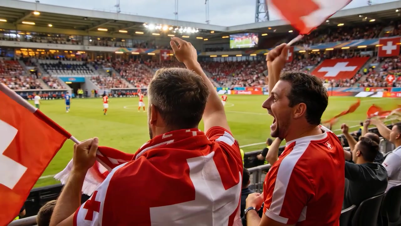 To vinkende supportere i røde drakter løfter sveitsiske flagg ved et rekkverk mens spillet nærmer seg mål