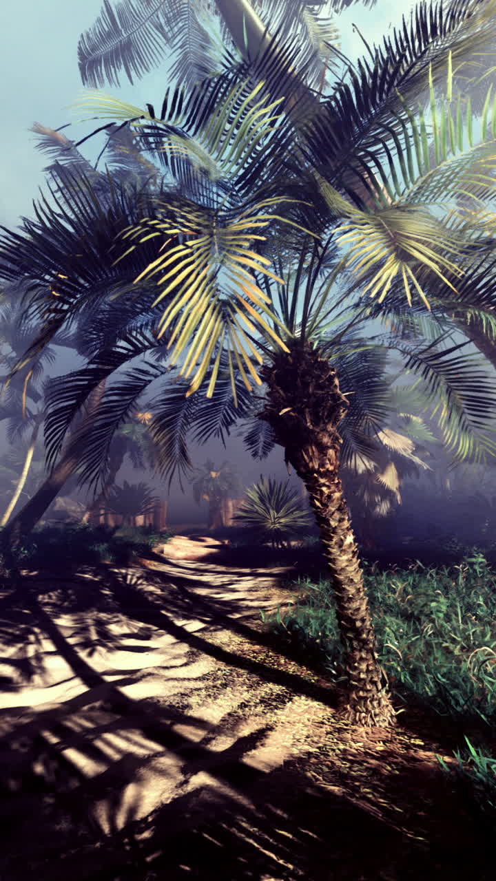 Lush tropical landscape with palm trees and misty atmosphere at dawn