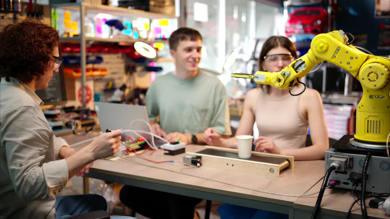 Young happy engineers programming an yellow robotic arm in the workshop to grab cardboard water glass, computer programming training for coffee preparation, celebrating success