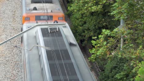 aerial view of a train passing through the railway on a sunny day