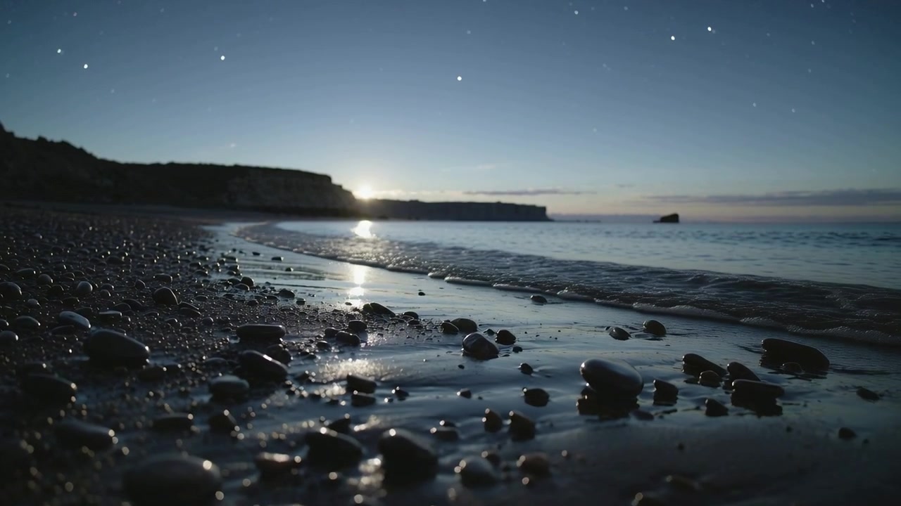 Breeze pushing small waves washing foreground wet pebbles on rocky shoreline at dawn
