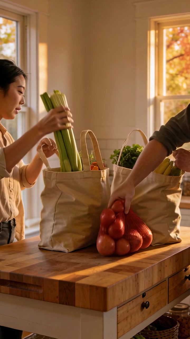 Vídeo vertical: Sacolas chegando, mulher asiática desempacotando sacolas na cozinha, organizando produtos, espaço para texto