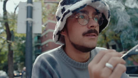 young hipster guy smoking cigarette outdoors