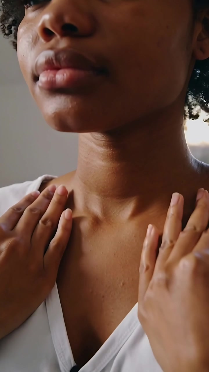Video verticale: Donna in maglietta bianca con scollo a V che si sistema la scollatura con le mani a casa per maggiore comodità.