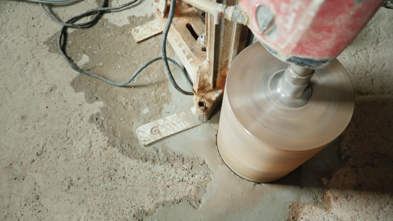 빌더는 환기 파이프와 배관을 놓기 위해 콘크리트 커튼에 구멍을 뚫습니다.