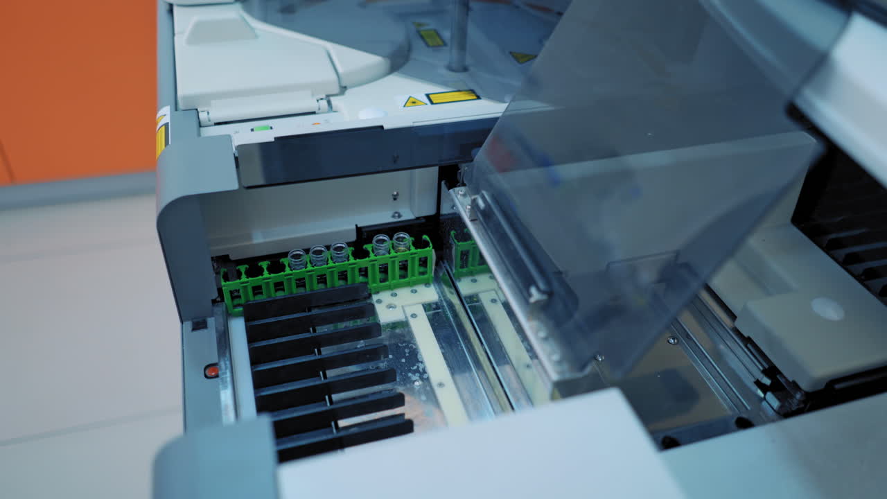 Modern robotical machine for blood. Close up view of equipment of chemical laboratory