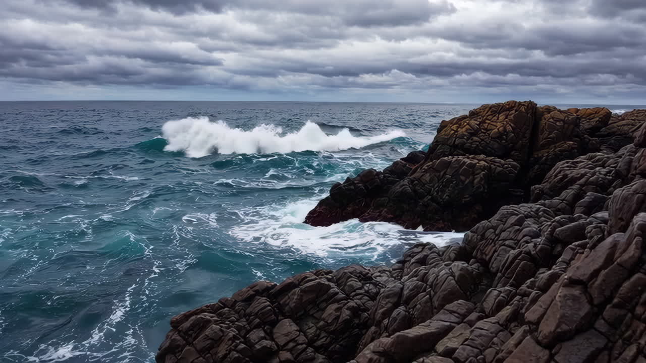 Onde oceaniche spettacolari che si infrangono su una costa rocciosa e frastagliata sotto un cielo tempestoso