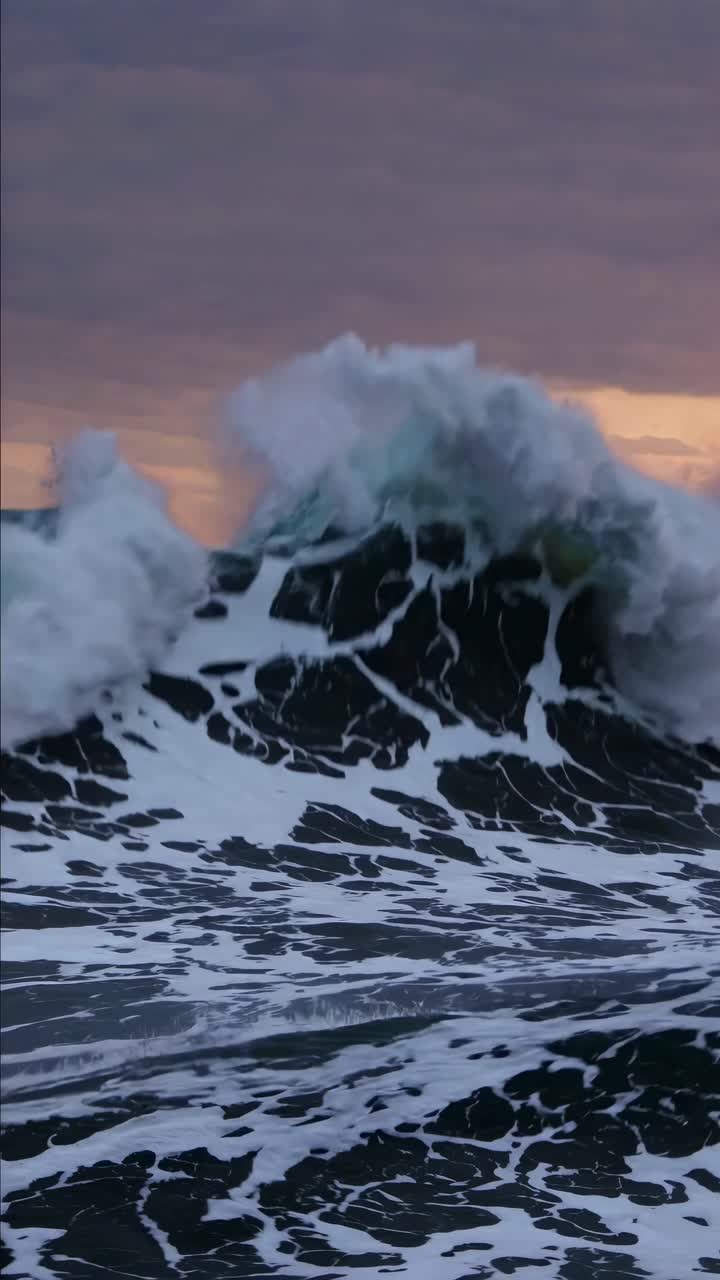 Dramatic Ocean Waves Crashing Against a Colorful Sunset Sky
