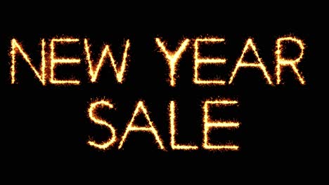 new year sale text sparkler writing with glitter sparks particles firework on black 4k loop