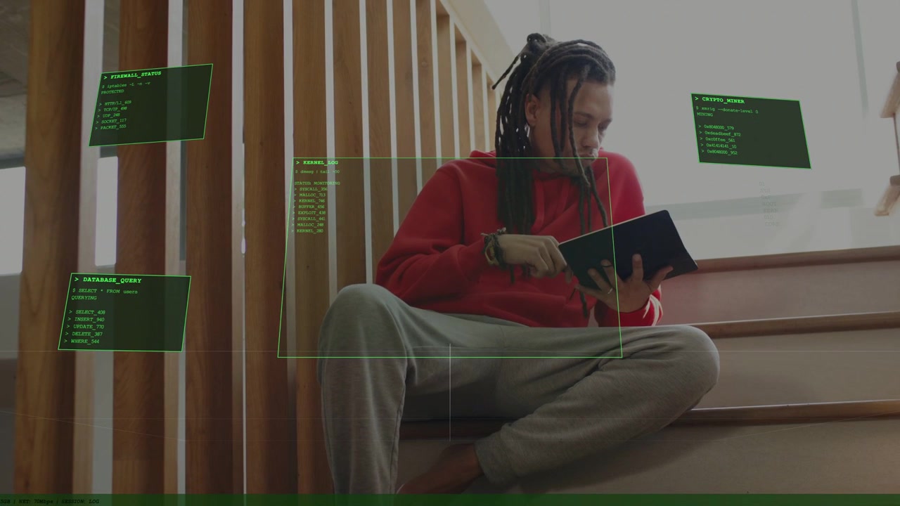 Man sitting on staircase, writing in notebook, pen moving initiating green UI panels for education