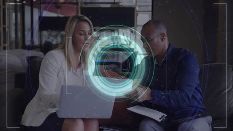 Animation of financial data processing over diverse business people in office
