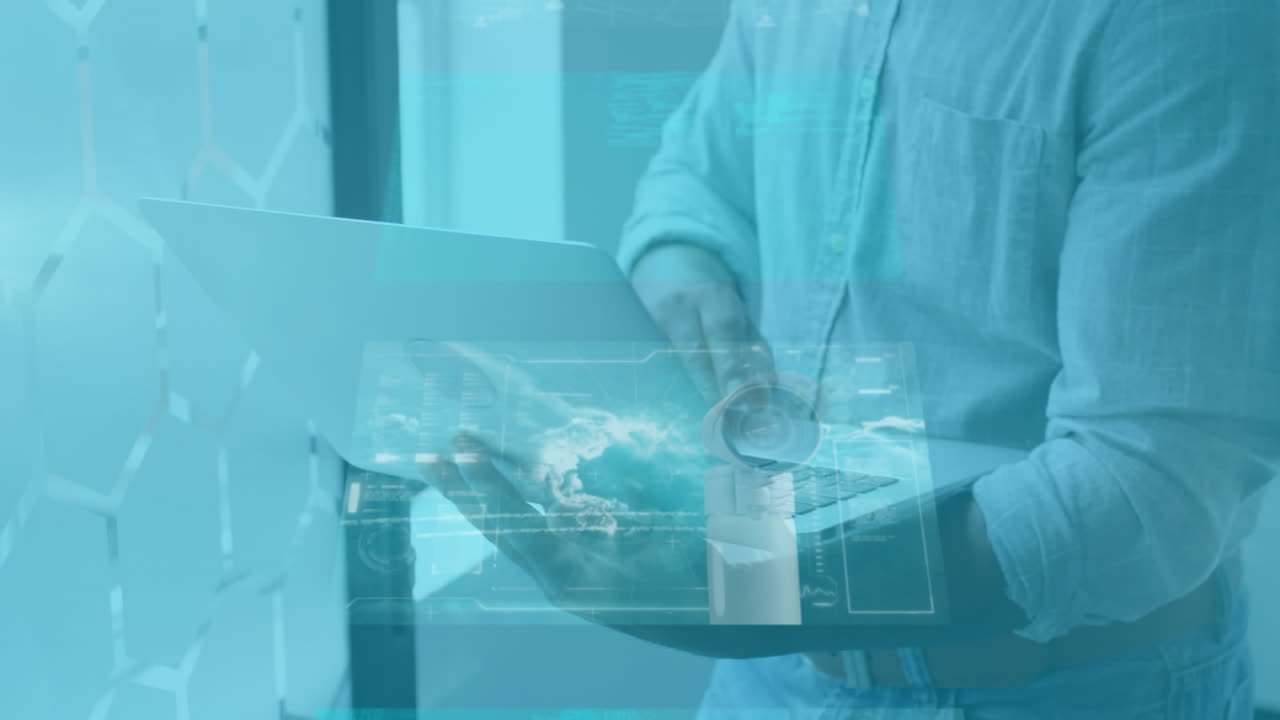 노트북을 사용하는 사업가에 대한 데이터 처리 애니메이션