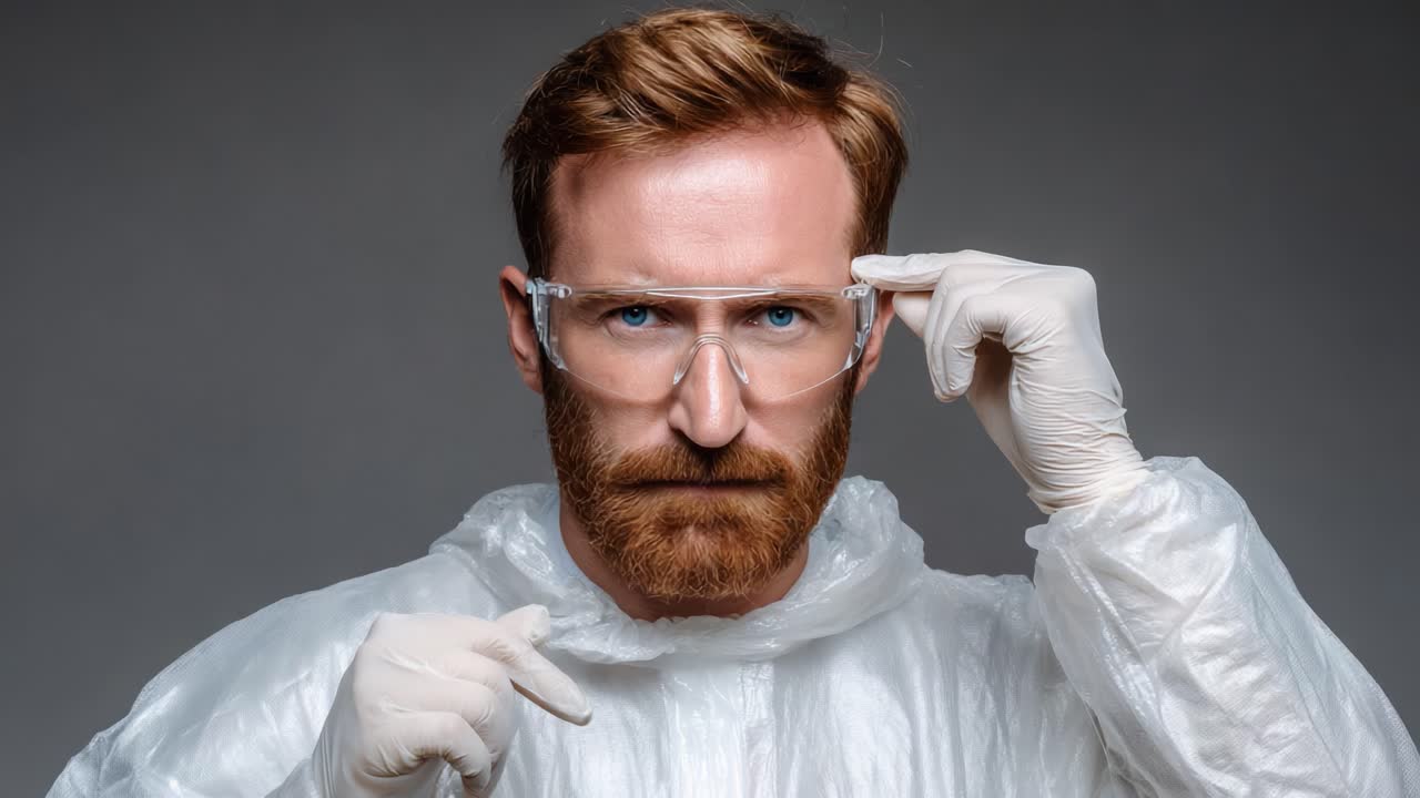A determined individual in protective gear adjusts his glasses, showcasing a serious expression while preparing for a scientific or safety-related endeavor