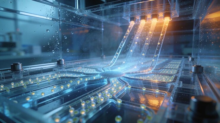 Releasing four nozzles dispensing warm fluid into microfluidic chip at lab bench