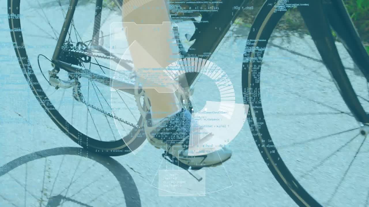 백인 여성이 자전거를 타고 있는 데이터 처리의 애니메이션
