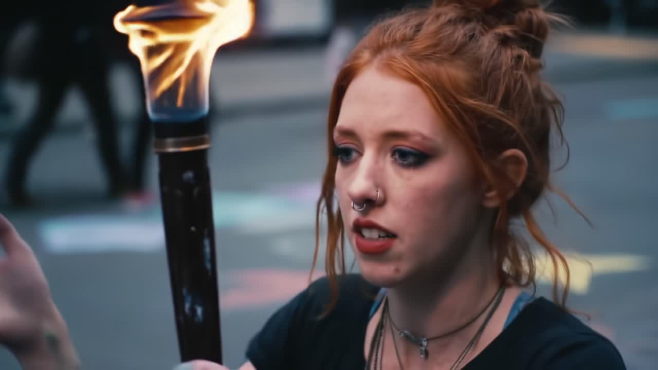 A Young Woman Holds a Flaming Torch with Intense Focus and Expression, Participating in an Engaging Outdoor Event Surrounded by Colorful Street Art