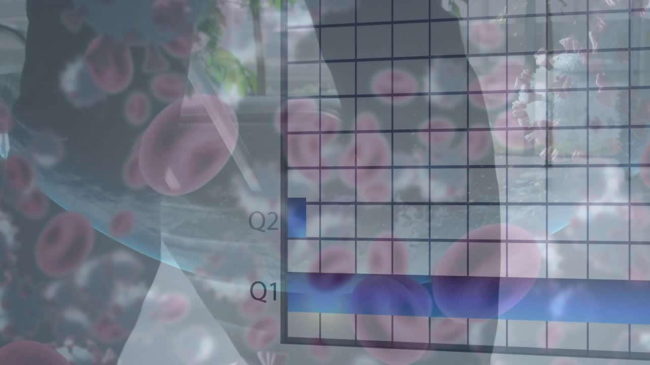 animación de procesamiento de datos financieros con virus y células sanguíneas sobre empresario.