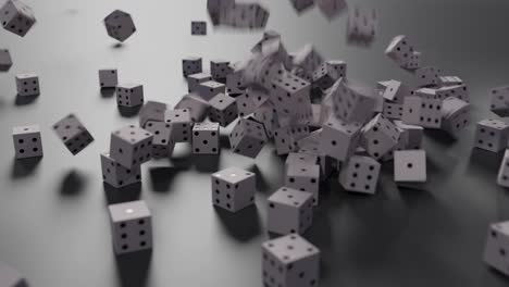 Hundreds-of-white-dice-falling-onto-grey-metallic-table