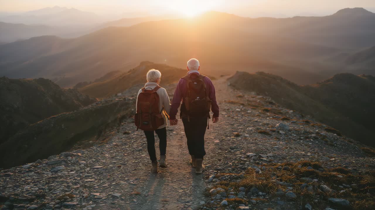 Stepping forward two seniors heading to watch sunset on ridge, holding hands with packs and jackets