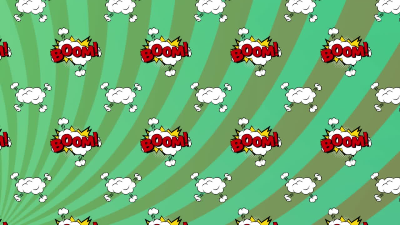 animación de textos de boom, exclamaciones en nubes contra un patrón circular contra un fondo abstracto.