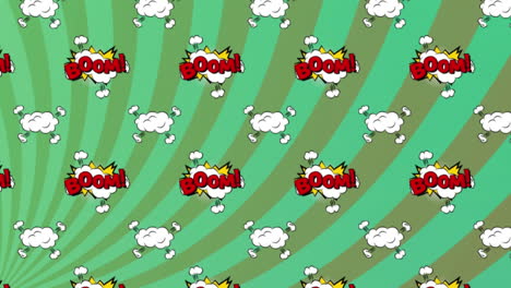 animatie van boomteksten, uitroeptekens op wolken tegen een cirkelvormig patroon tegen een abstracte achtergrond.