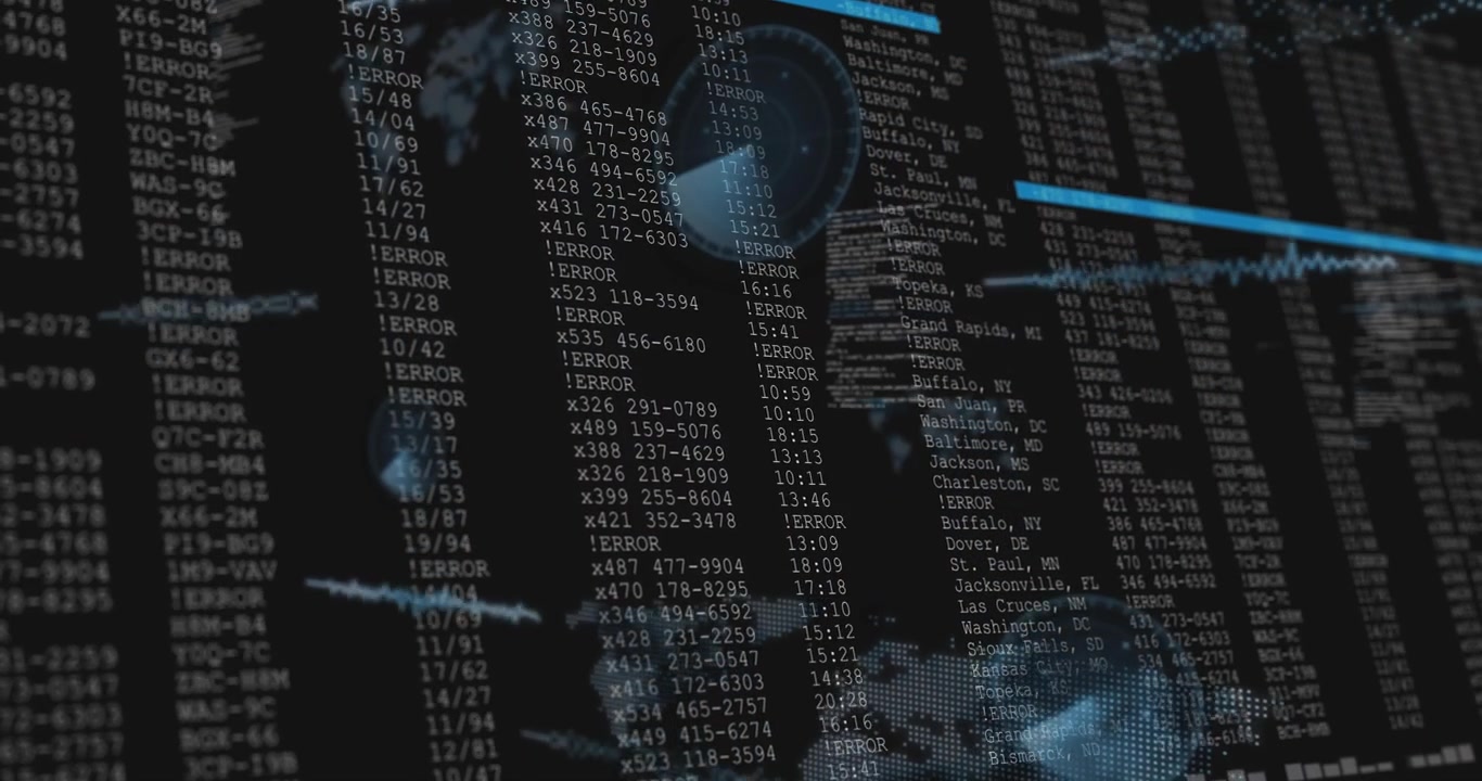 Dark lines sparking glow, data panel scrolling columns, globes and wave marking rows for security