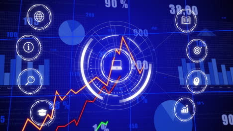animación de la red de iconos digitales y procesamiento de datos