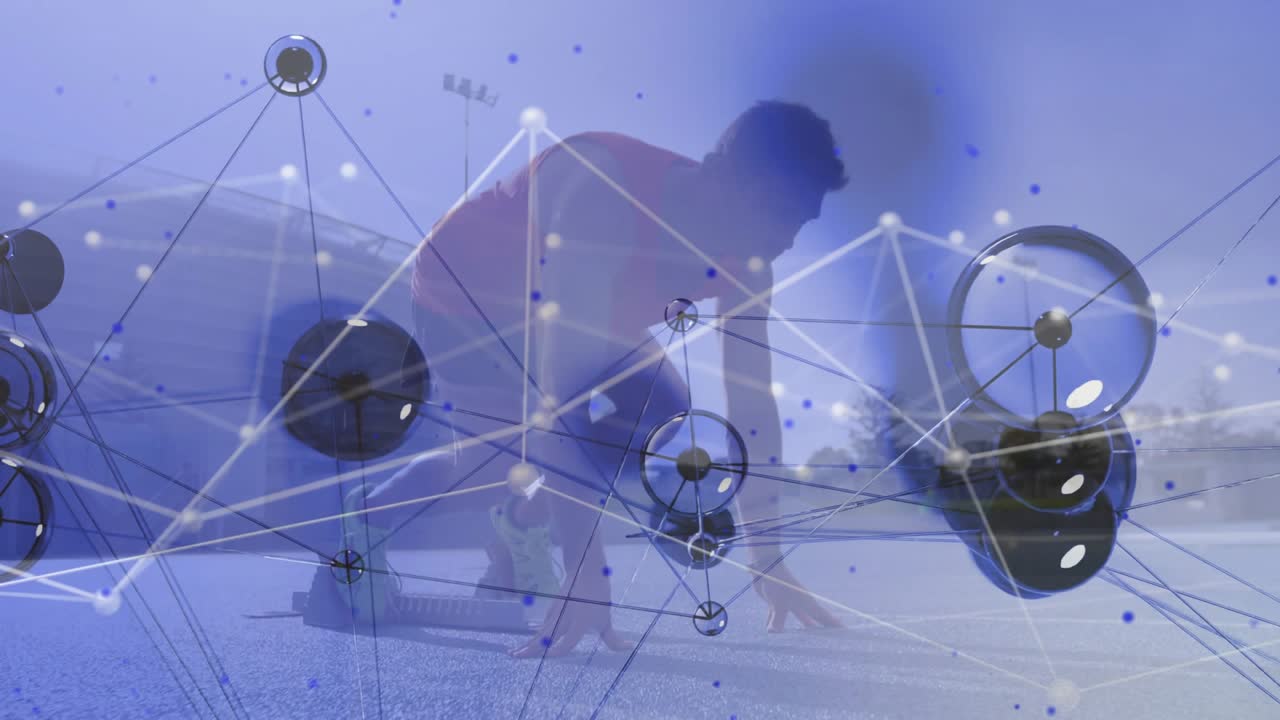 Male exerciser moving hands and tensing leg, shifting into sports sprint stance with 3D net overlay