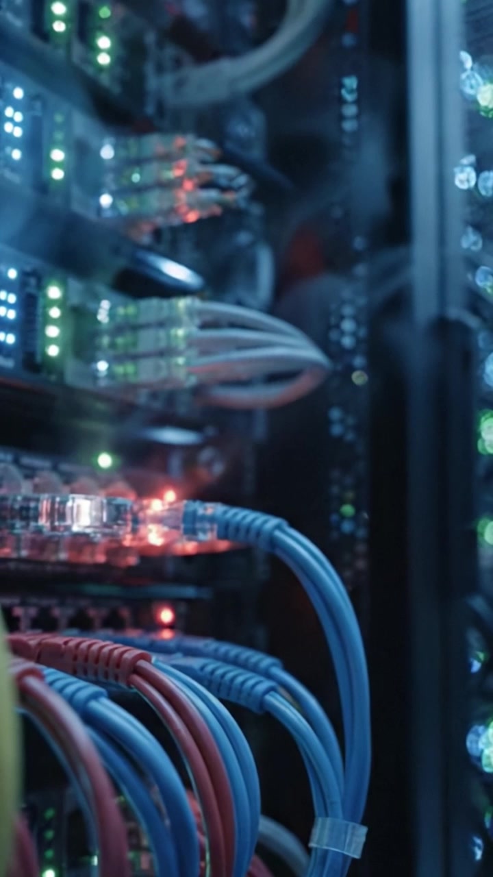 Close-Up of Network Server Infrastructure Showing Data Cables and LED Indicators in a Server Room Setting, Highlighting Data Flow and Connectivity