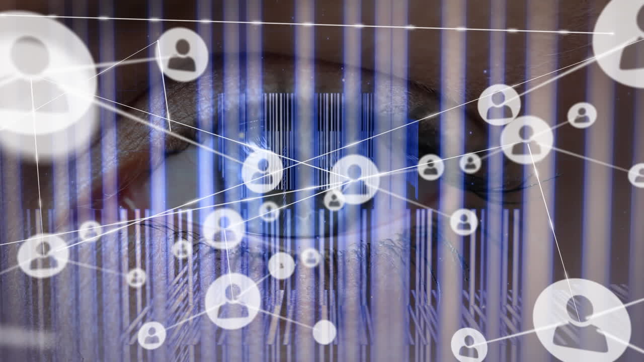 보라색 바코드가 전면에 움직이는 동안 암 ⁇ 의 눈이 열리고 닫힌다.