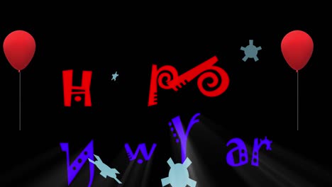 alegre feliz año nuevo texto jugando y globos vuelan