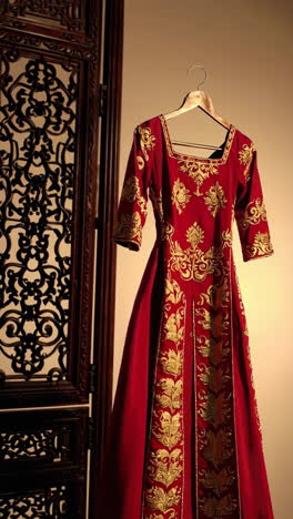 red embroidered dress with chinese screen