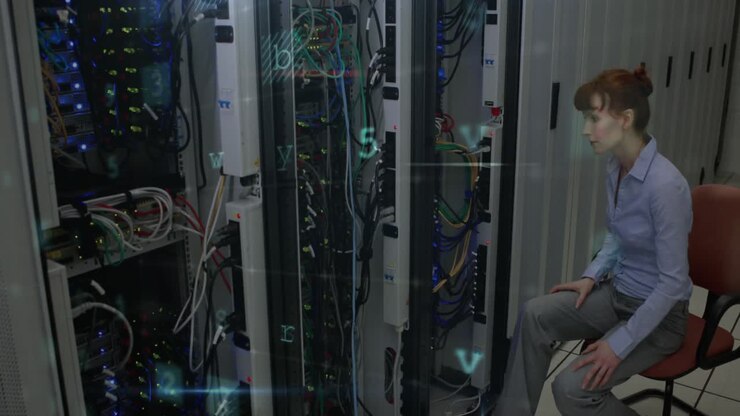 Animation of data processing with cyber attack warning over technician and computer servers