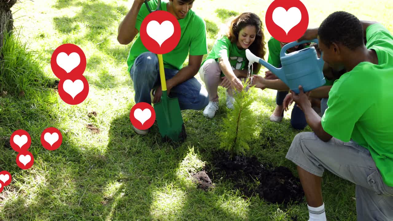 행복 한 다양한 그룹 이 시골 에서 쓰레기 를 모으고 있는  ⁇ 은 마음 의 애니메이션