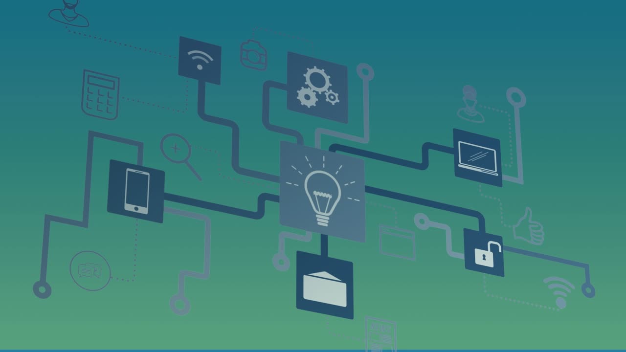 Animation of network of connections with icons on green background