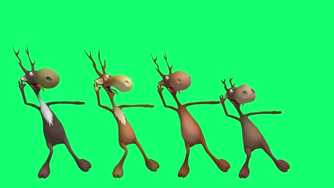 four cute cartoon reindeer dancing on green screen