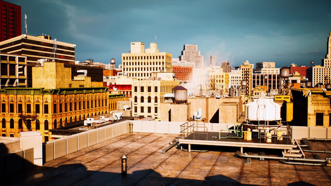 배경 에 초고층 빌딩 이 있는 도시 지붕 의 공중 풍경