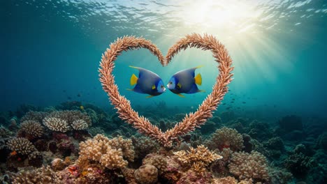 a heartwarming display of marine life: two colorful fish swim together inside a coral heart under glimmering ocean light, symbolizing love and unity in nature