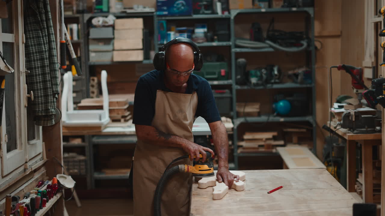 Skilled Carpenter Sanding a Wooden Piece in His Workshop