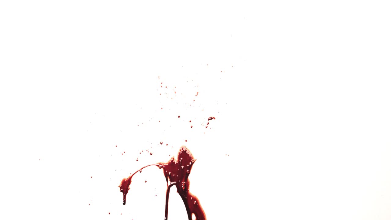 Red Fake Blood Hitting White Wall Fast. Shiny Thick Liquid Spatter Dripping with Bright Light. Slime Texture for Horror. Violent Crime Scene Halloween Spooky Background