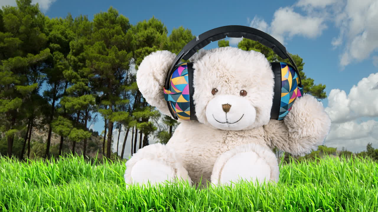 테디 베어 가 공원 에서 음악 을 듣고 있다